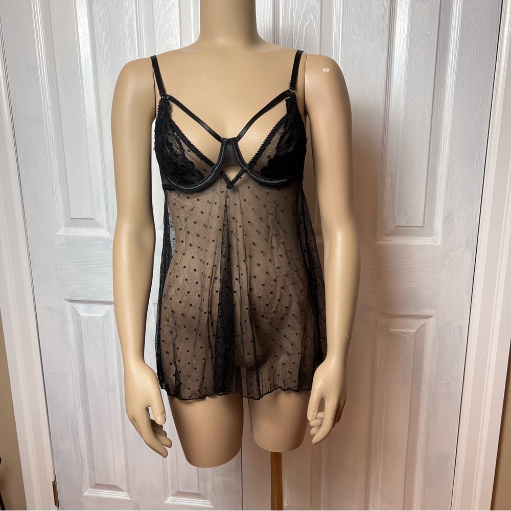 RSLOVE Black Sheer Lace Babydoll Slip Camisole w Polka Dot Detailing - Size S